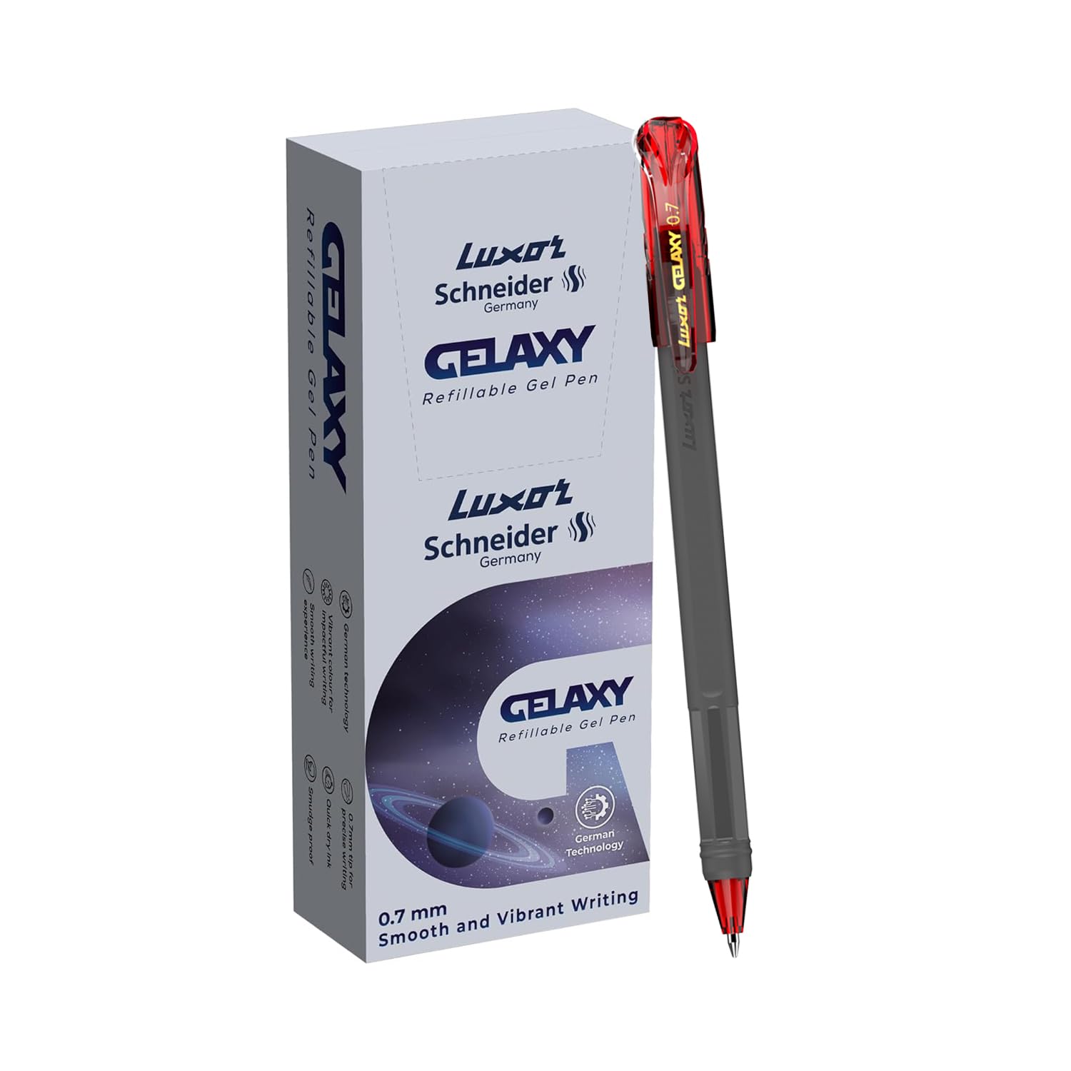 Luxor Schneider Gelaxy - Bolígrafo de gel recargable, paquete de 12 unidades, color rojo, escritura precisa de 0,7 mm, tinta de secado rápido, tecnología alemana, flujo de tinta consistente,