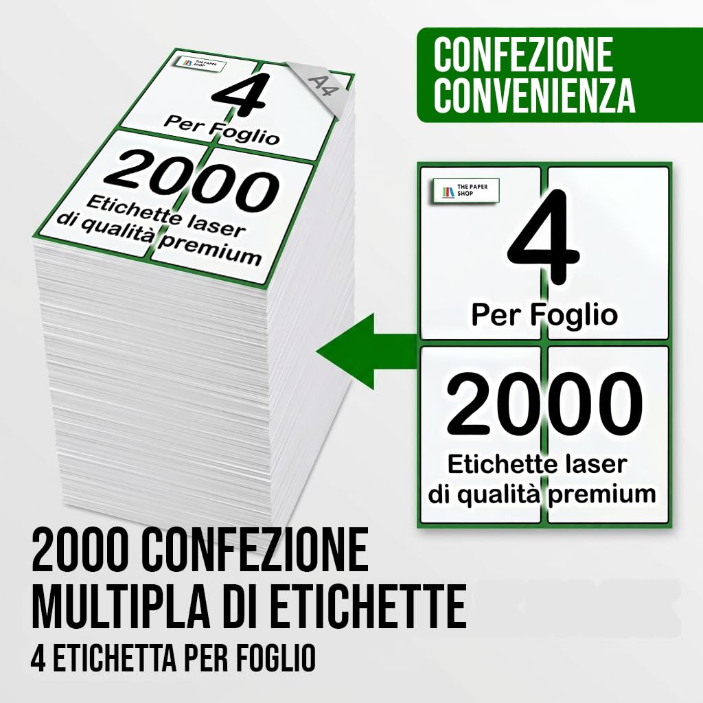 [2000 etichette] Etichette autoadesive bianche adesive per stampante A4, 4 per foglio | Stampante A6 adesive 4 per foglio A4 etichette per indirizzo | Etichette per stampante laser 4 per foglio (2000)
