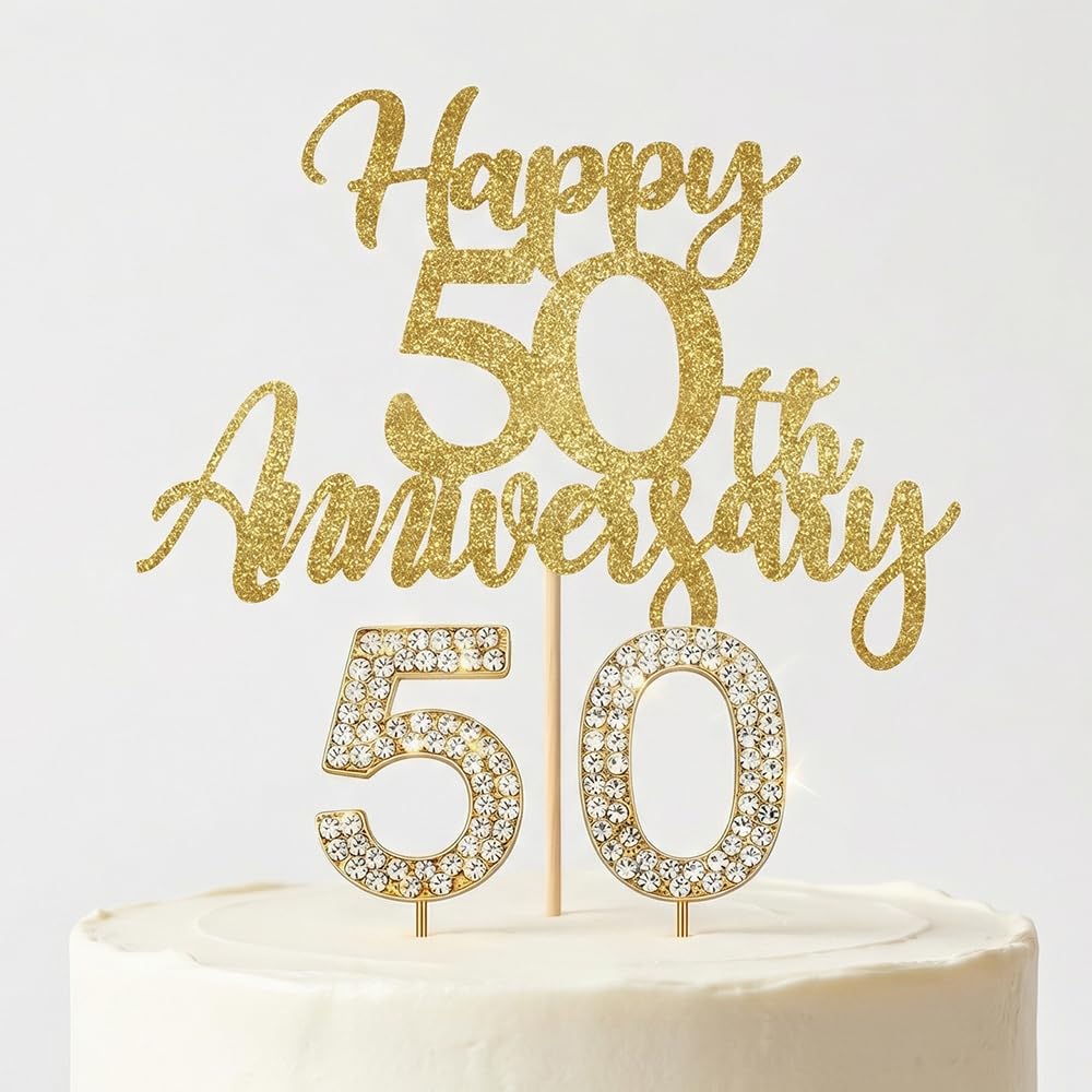 Golden 50th Wedding Anniversary Cake Topper Set - Elegant Reusable Cake Decorations with Number 5 & 0 for Golden Wedding Party