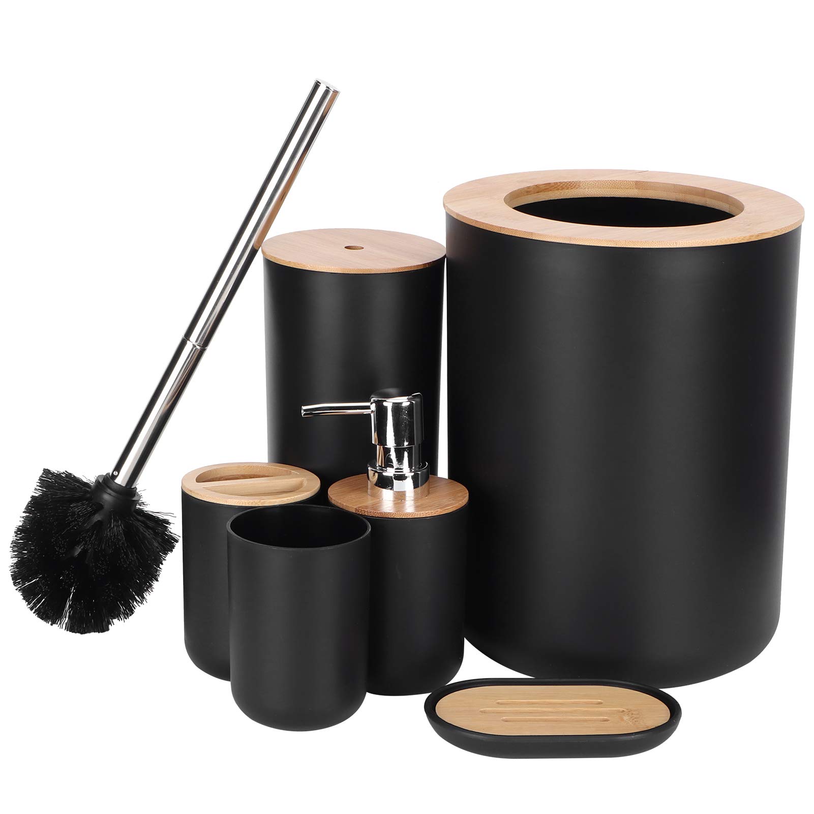 Juego de 6 accesorios de baño con soporte para cepillo de dientes, dispensador de jabón, cubo de basura y cepillo, elegante y funcional esencial para la organización del baño