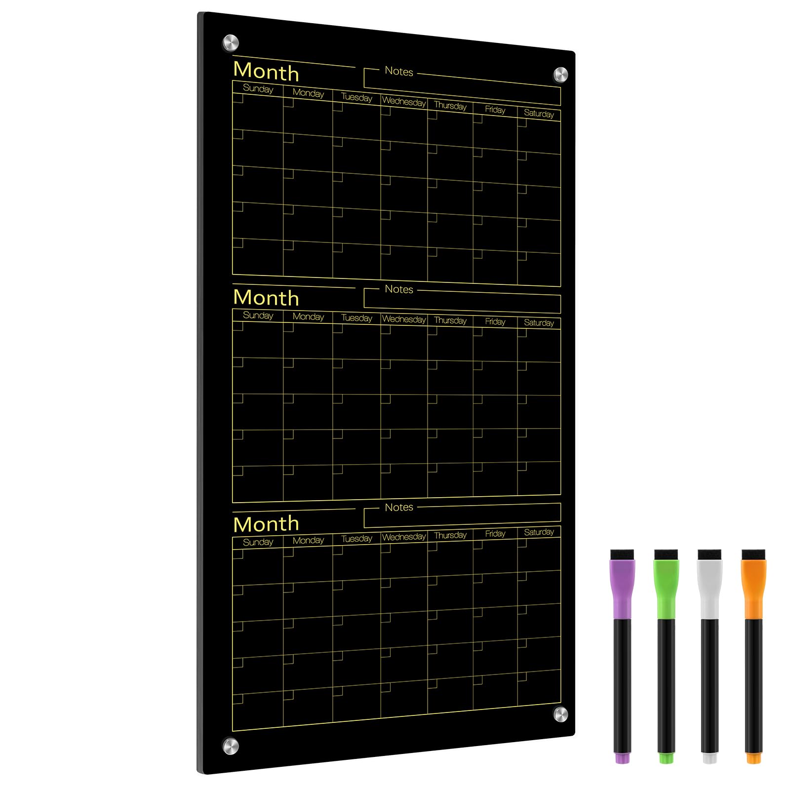 Calendrier blanc en verre 91,4 x 45,7 cm - 3 mois effaçable à sec - Grand calendrier mural en verre avec plateau à marqueurs pour mur, maison, bureau - Noir doré