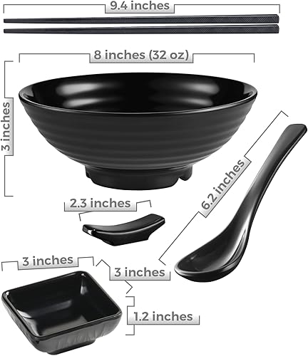 Miniatura 2 de Unbreakable Ramen Bowl Set with Chopsticks and Spoon: 2 large Japanese Style Melamine Ramen Bowls, Dipping Bowls and Chopstick Stands for Asian Pho