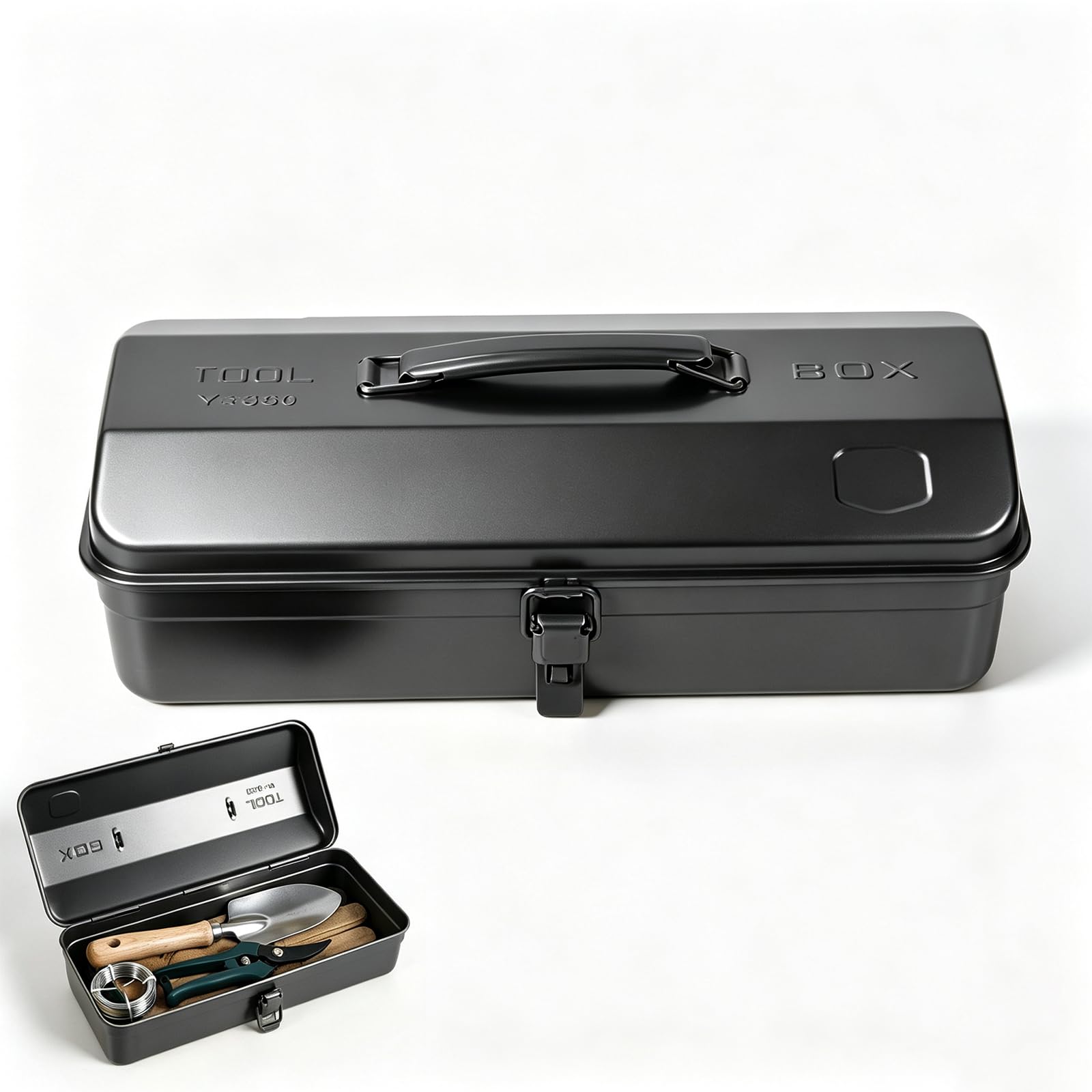 Caja de herramientas de metal, tamaño grande, 37 x 16 x 12 cm, resistente y duradera, caja de herramientas de metal con asa y cierre, almacenamiento universal para accesorios (negro)