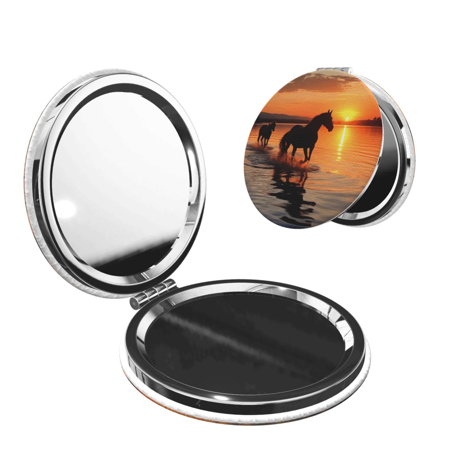 Sunsets Lake Horses Compact Mirrors for Women, Mini Folding Pocket Makeup Mirror with 2 X 1x Magnification Portable Travel Purse Mirror Gift for Birthday Mother's Day Party