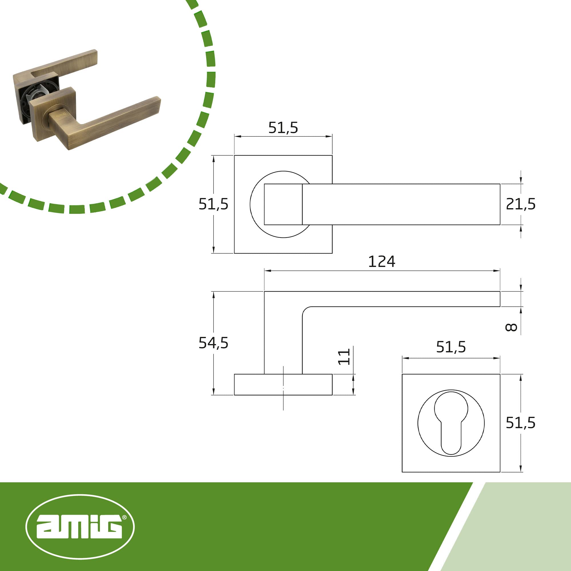 Amig - Set di maniglie per porte | Mod. Cadice | 52 x 124 mm | Con Bocallave | Design elegante e semplice | Impugnatura ergonomica | Zama Pelle