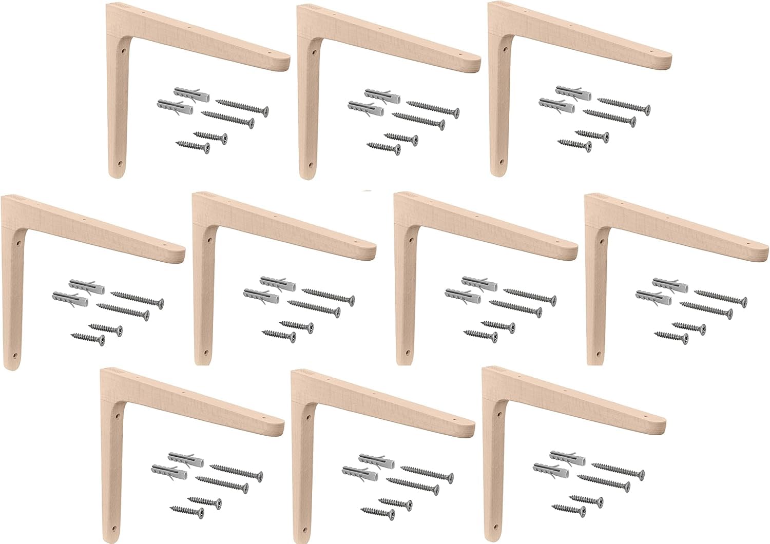 Gedotec Wooden Bracket Made of Beech | 10 Shelf Brackets Made of Solid Natural Wood | 200 x 125 mm | TAUM | Load Capacity up to 75 kg in Pairs | Shelf Brackets Suitable for Bookshelves