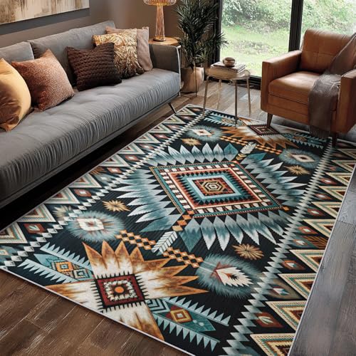 Générique Tapis Aztèque Chambre 140x200 cm Motif Western Amérindien Indien Ethnique, Tapis Cuisine Lavable Antidérapant Doux Poil Ras, Deco Chambre...