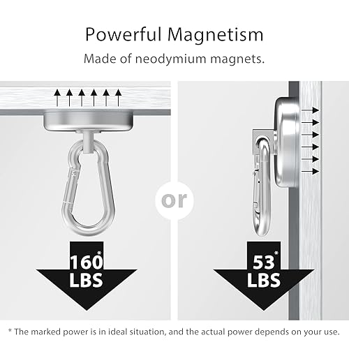 Miniatura 3 de Ganchos magnéticos de neodimio de 100 libras, resistentes con mosquetón giratorio, perfectos para refrigerador, parrilla, cocina, almacén, oficina,