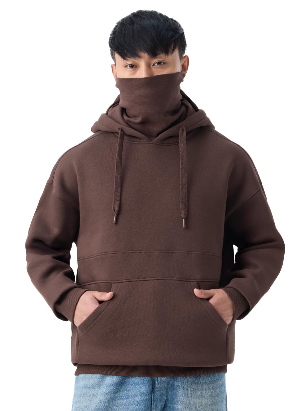 the souled store Ninja Cops: Brownstone Men and Boys Full Sleeves Hooded Neck Brown Solid Cotton Blend Oversized Fit Heavy Fleece Streetwear Winter Wear Pullover Hoodie-picture-23