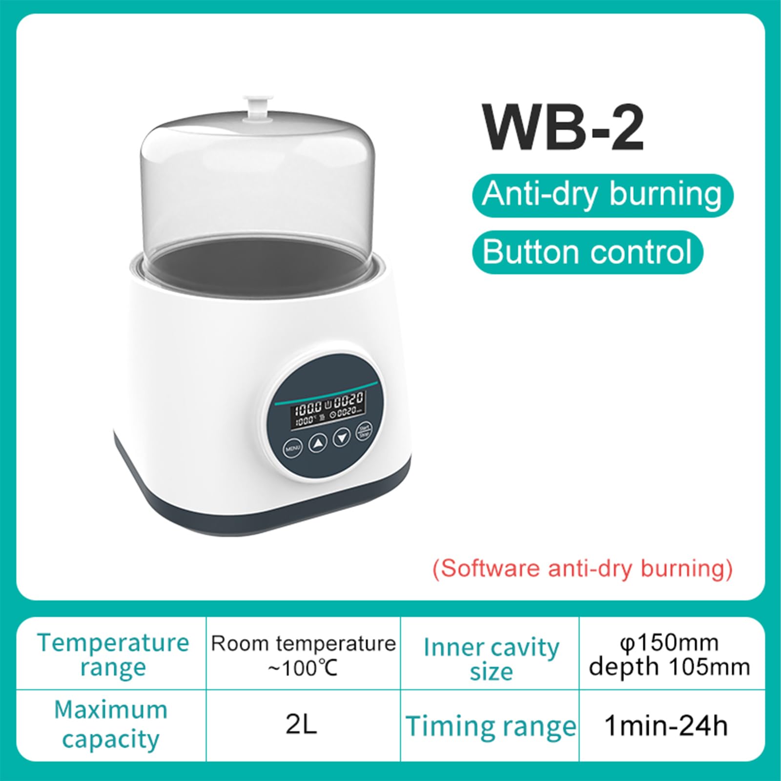 Bain-marie Numérique De Laboratoire, Capacité 2 L, Revêtement En Acier Inoxydable, Protection Contre La Surchauffe Et La Marche À Sec, 0-100 °C, Minuterie 24 Heures,WB-2