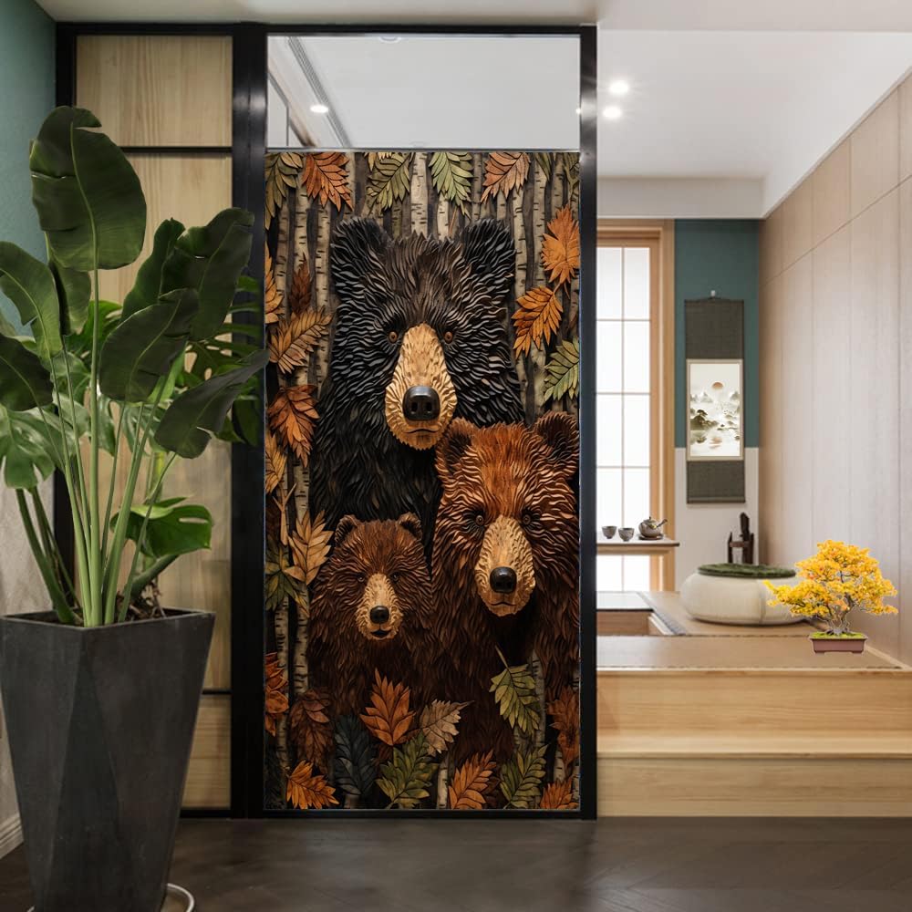 Vintage Bears Window Privacy Film Abstract Rustic Interesting Animals Stained Glass Window Coverings Static Cling Window Film for Home Office Stores 23.6Wx35.4L