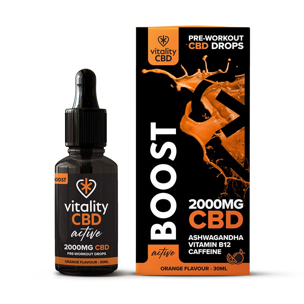 Vitality CBD Active Boost Drops with Vitamin B12, Caffeine, Ashwagandha, 2000mg of CBD, 30ml, Orange Flavour, NO THC