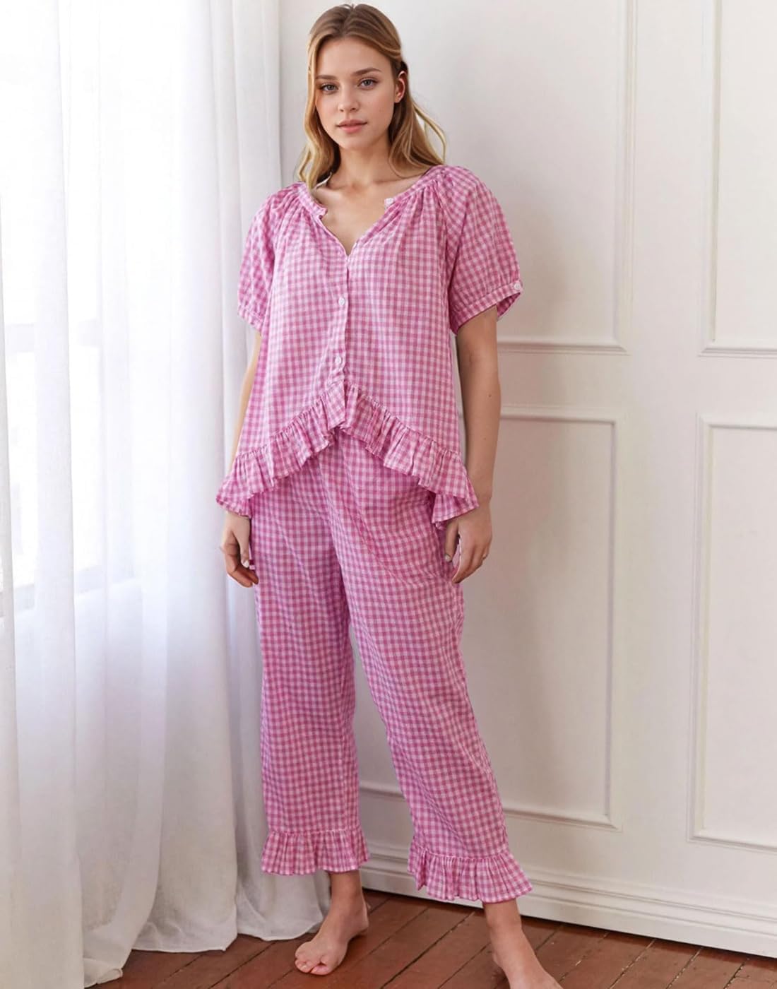Womens 2 Piece Gingham Pajamas Set Cute Plaid Pjs Cotton Short Sleeve Babydoll Shirt Ruffle Pants Lounge Sets - Image 2