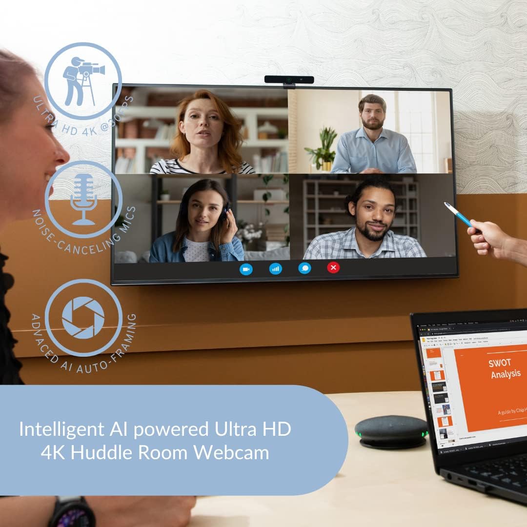 Boom Mezzo 4K AI Auto-Framing Conference Camera, 115° Ultra Wide ePTZ Video Bar with Dual Mics, USB 3.0 Plug-and-Play, Zoom Certified Huddle Room Webcam for Teams/Meet/Zoom