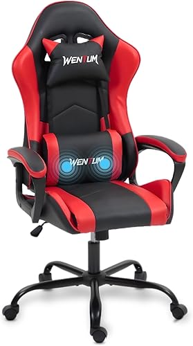 Silla de videojuegos de piel sintética para masaje, silla de videojuegos para PC con soporte lumbar para hombres y mujeres, oficina en casa, altura
