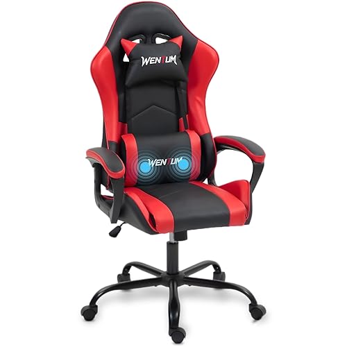 WENTUM Gaming Chair PU Leather Massage PC Video Game Chair with Lumbar Support for Men Women, Home Office, Height Adjustable, Ergonomic, High Back, Red - Red - without footrest