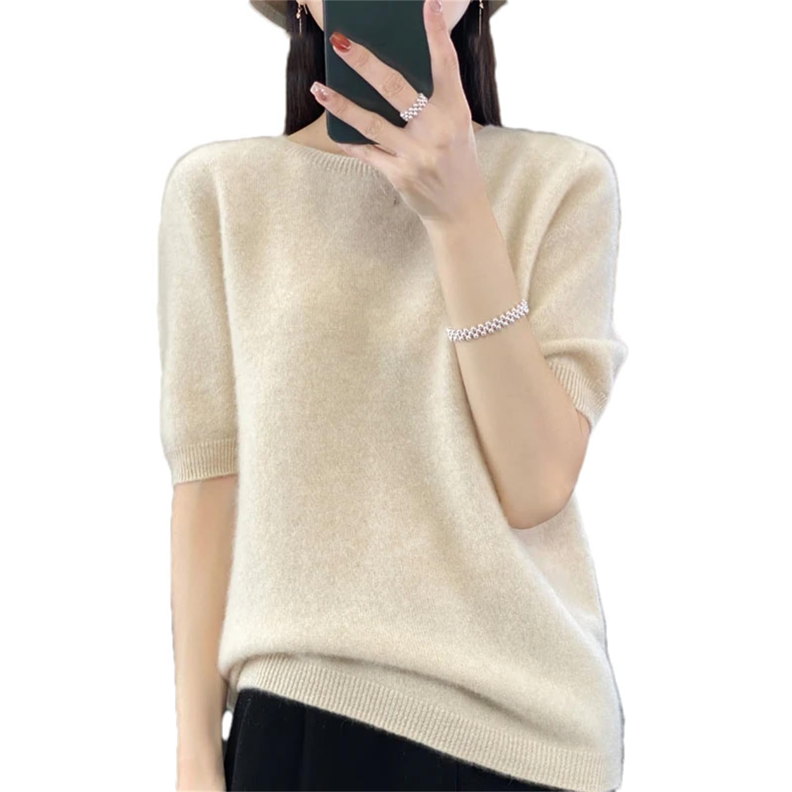 Merino Wool Womens Crew Neck Knitted T-Shirt Pullover Short Sleeve Sweater