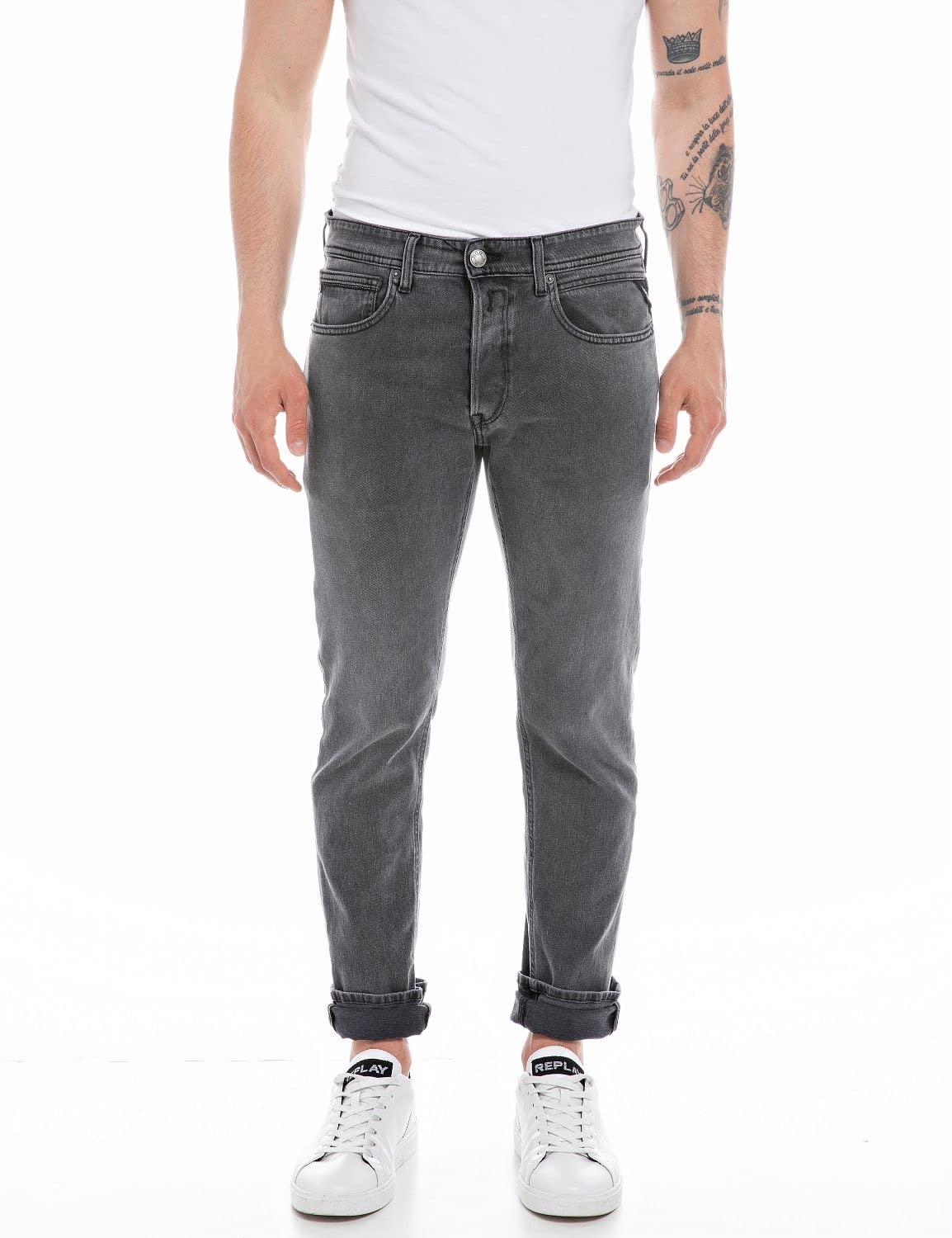 Replay Herren Jeans Grover Straight-Fit Recycled mit Stretch, Medium Grey 096 (Grau), 36W / 34L