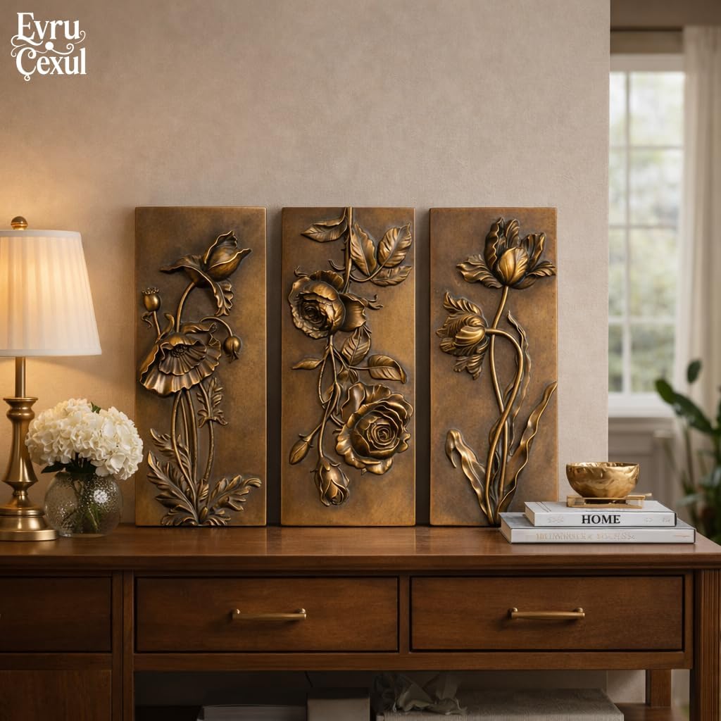 EvruCexul Vintage Floral Wall Sculpture, Antique Bronze Resin Wall Art with Ornate Botanical Design, Decorative Wall Plaque for Elegant Home Décor (Tulip+Rose+Flower3)
