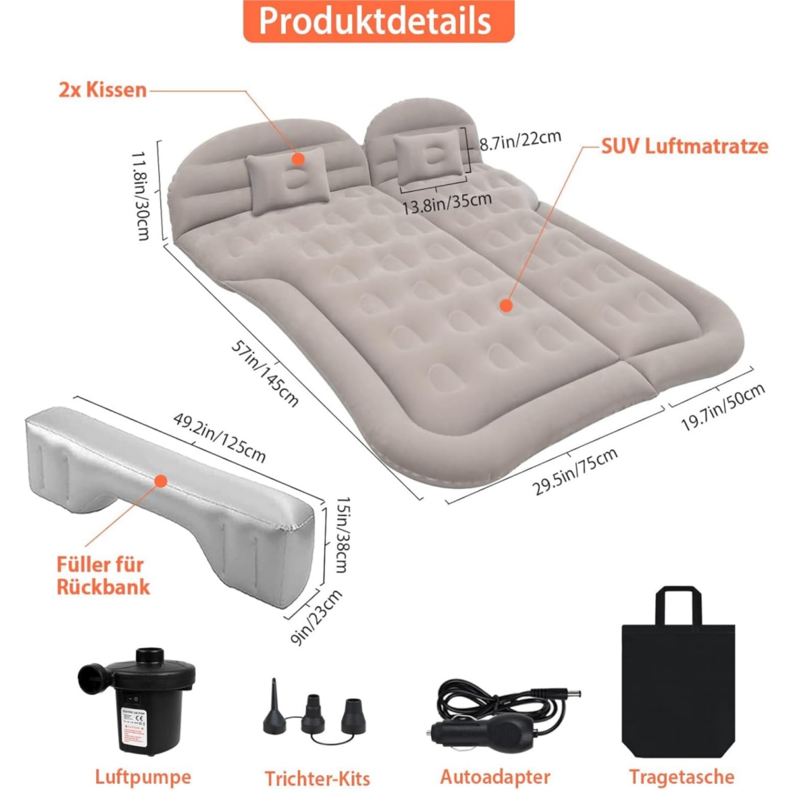 Materasso ad aria per auto, con pompa ad aria e 2 cuscini, universale, per bagagliaio e SUV, campeggio, viaggi, esterni, 175 cm x 130 cm, grigio