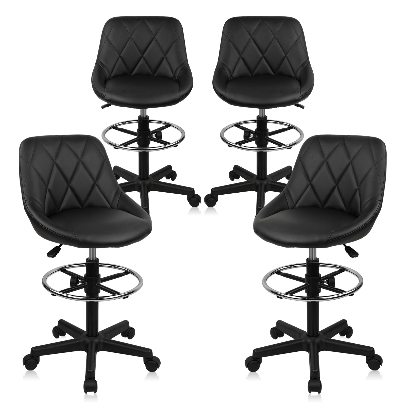 KLASIKA Drafting Chair with Back, Leather Rolling Swivel Stool with Adjustable Height and Footrest, Ergonomic Tall Standing Desk Office Chairs with Wheels for Home Work Shop Kitchen Bar, 4PK