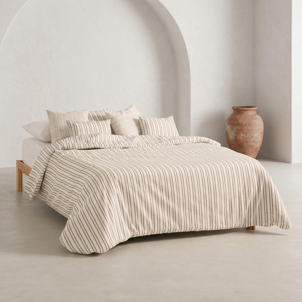 GAMUSI Funda nórdica Cama 180 cm - Funda edredón 240x260 cm, Rayas, Relieve, Color Taupe