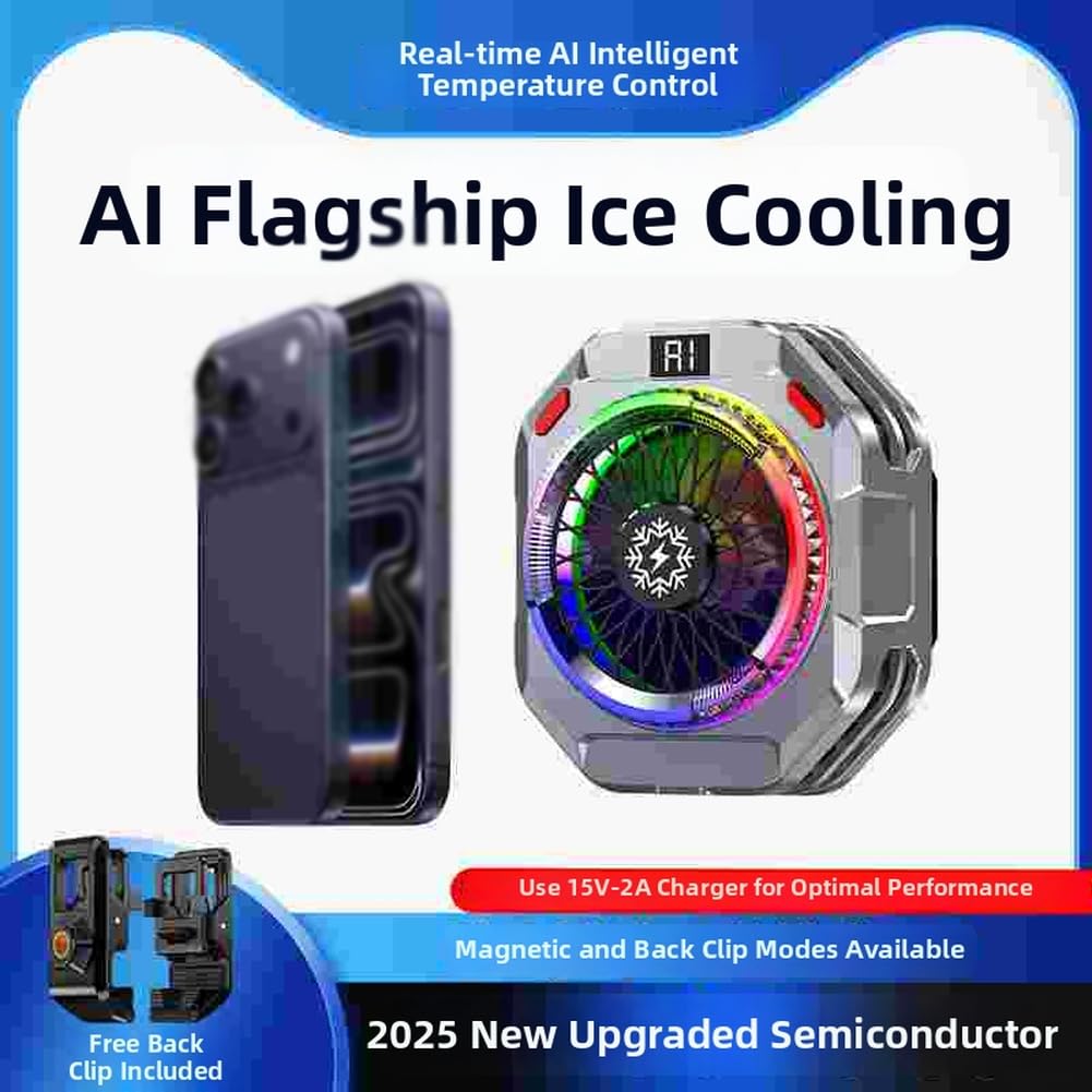 TH28 Pro Semiconductor Gaming Phone Cooler, Portable Magnetic Mobile Phone Heatsink with 30W AI Cooling Adjustable 5-Level Fan Control Clip-On Mount