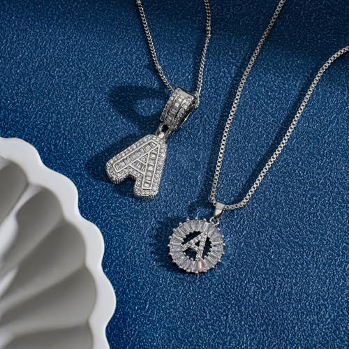 Initial Letter Necklace for Women 14k White Gold Silver Plated Dainty Necklaces Trendy Chunky Custom Layered Necklace Set Personalized Round Circle Zirconia A-Z Letter Chain Pendant Jewelry Gift4