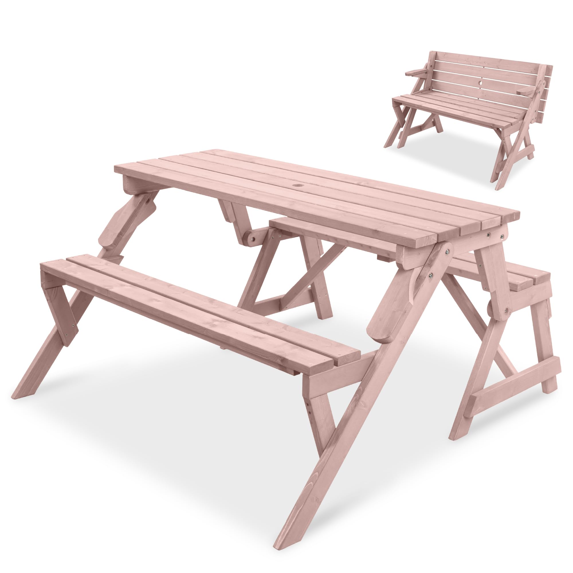 Best Choice Products 2-in-1 Transforming Interchangeable Outdoor Wooden Picnic Table Garden Bench for Backyard, Porch, Patio, Deck w/Umbrella Hole - Pink