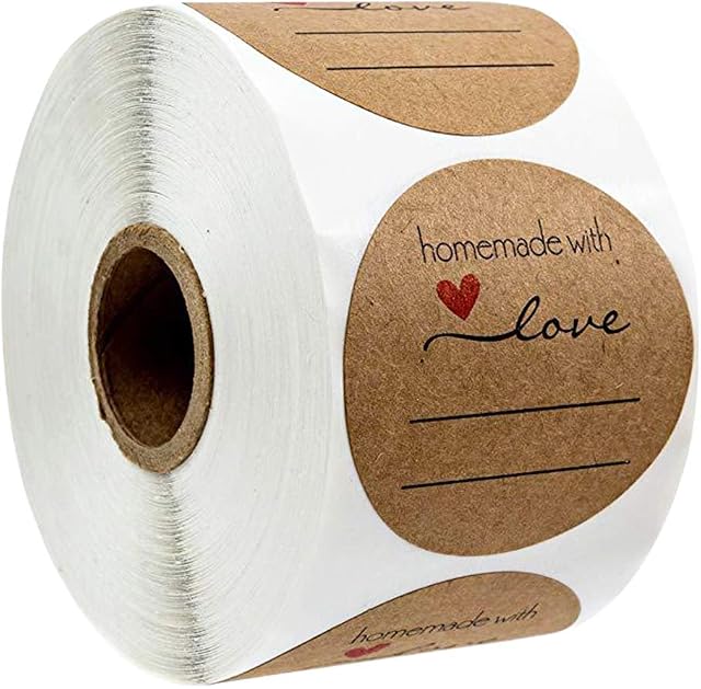 500 Pcs Handmade Stickers with Love Labels, 1in/2.5cm Canning Labels with Writable Lines for Sticking, Adhesive Baking Kraft Self-Adhesive Paper Roll, Gift Tag Stickers Labels Roll Decor Gifts