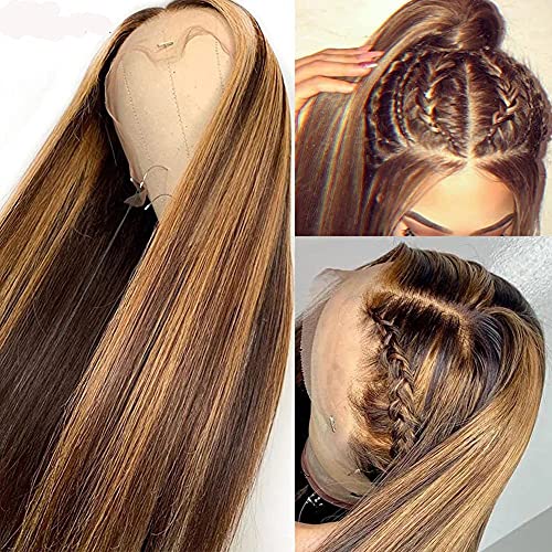 Dark Brown ChocolateColor Hightlight Wig With Piano Color LAVBH Straight Wig 13x4x1 T Part 4/27 Lace Front Wig Human Hai