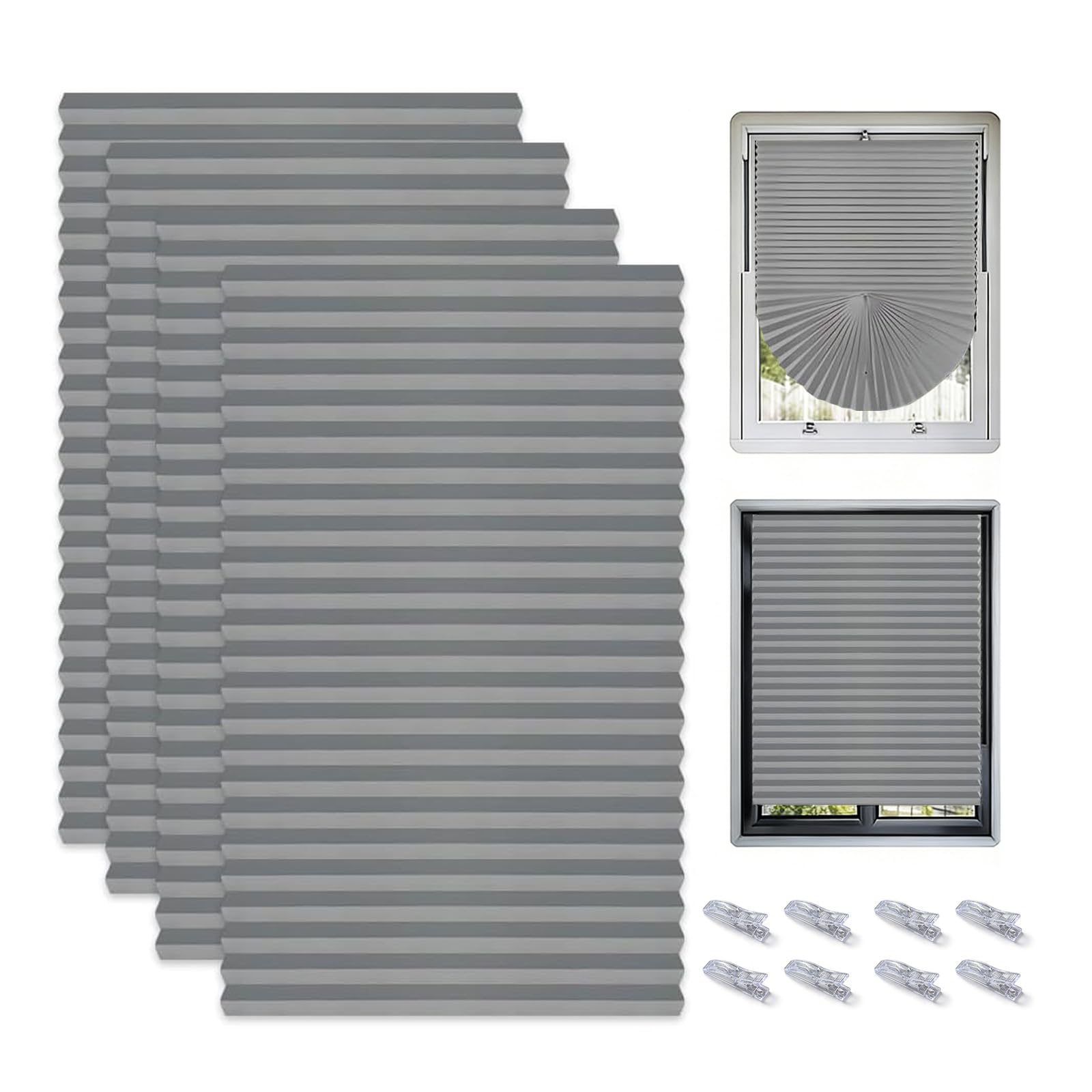 4pack Temporary No Drill Blinds, Stick on Blinds for Windows, Easy to Cut and Fit Self with Clips, Temporary Blind for Kitchens Bathrooms Bedrooms Terraces, Non-Woven Fabric, Grey, 60W x 150H cm