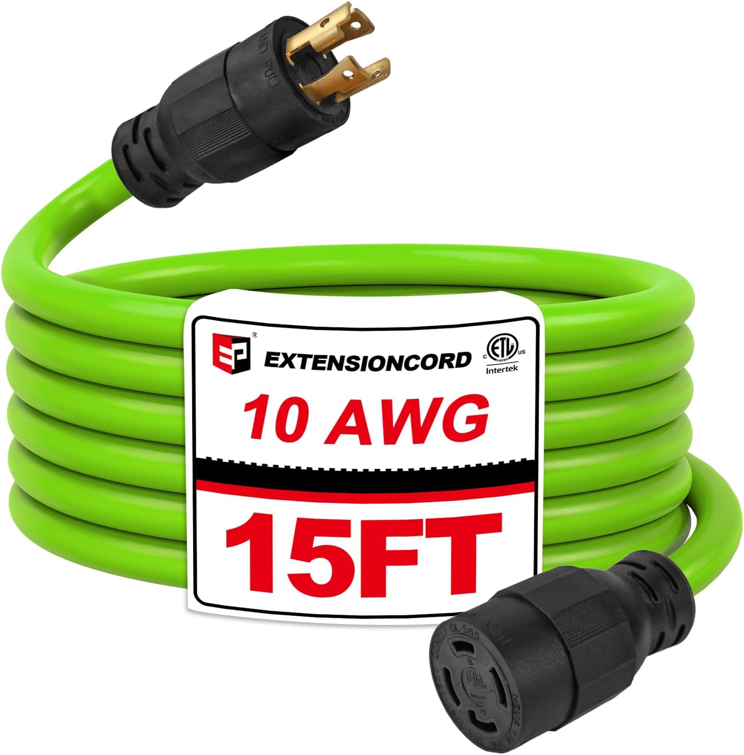 EP 15 Ft 30-Amp Generator Extension Cord, 4-Prong 125/250V 7500W NEMA L14-30P/R, 10 Gauge SJTW Locking Power Cord for Transfer Switch, Portable Generators Green