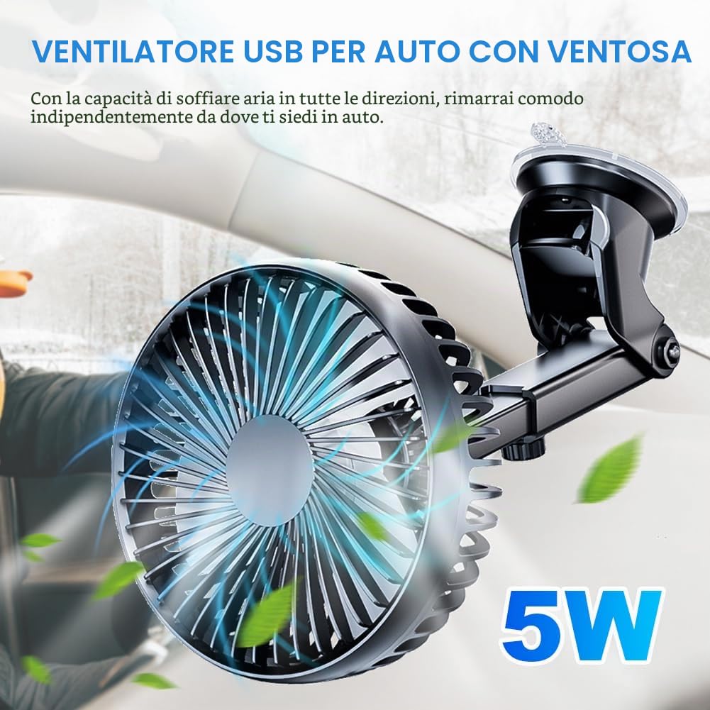 Ventilatore da Auto, Mini Ventilatore per Cruscotto, Regolabile a 360° con Ventosa, 3 Velocità, Filtro per Auto con Testa Singola