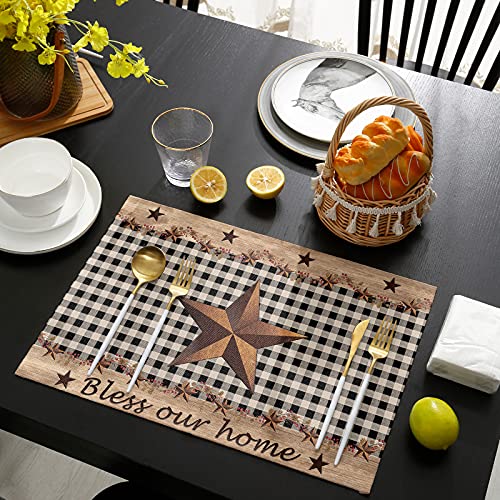 Placemats For Dining Table Set Of 6 Western Texas Star And Primitive Berries Country Wooden Plank Table Mats For Home Kitchen Restaurant Independence Day Party Decoration,Washable #TOP3