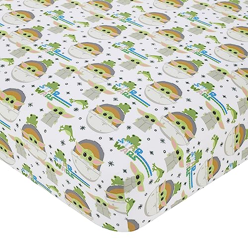 Image of NoJo Star Wars The Mandalorian Grogu White, Green, and Blue Nursery Fitted Crib Sheet