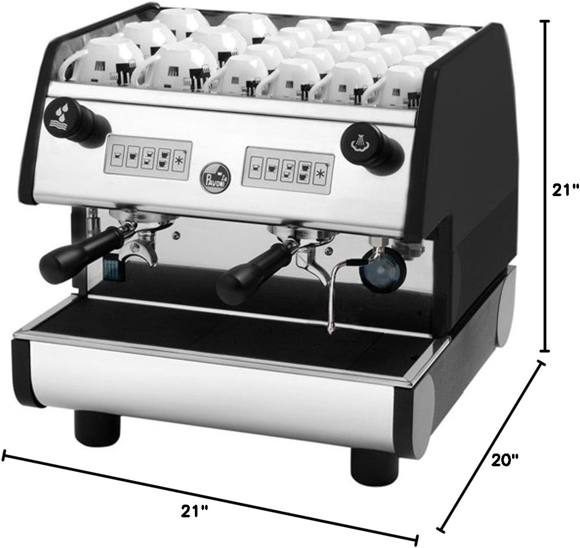 La Pavoni PUB 2V-B 2-Group Volumetric Electronic Espresso Machine with dimensions.
