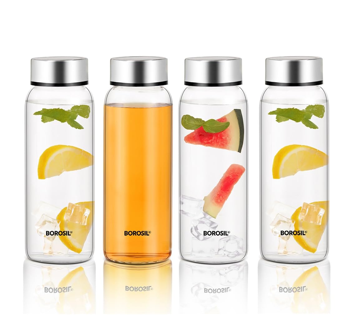 Borosil Crysto Wide Mouth Glass Water Bottle with Stainless Steel Lid | 750ml, Borosilicate Glass, Leakproof, Easy to Carry, Fridge & Dishwasher Safe | Can Use For, Lassi, Juice, Smoothies (4 Pc Set)