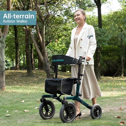 Image of ELENKER All-Terrain Rollator Walker with Non-Pneumatic Tire 12 inch Front Wheels, Compact Folding Design for Seniors, Green