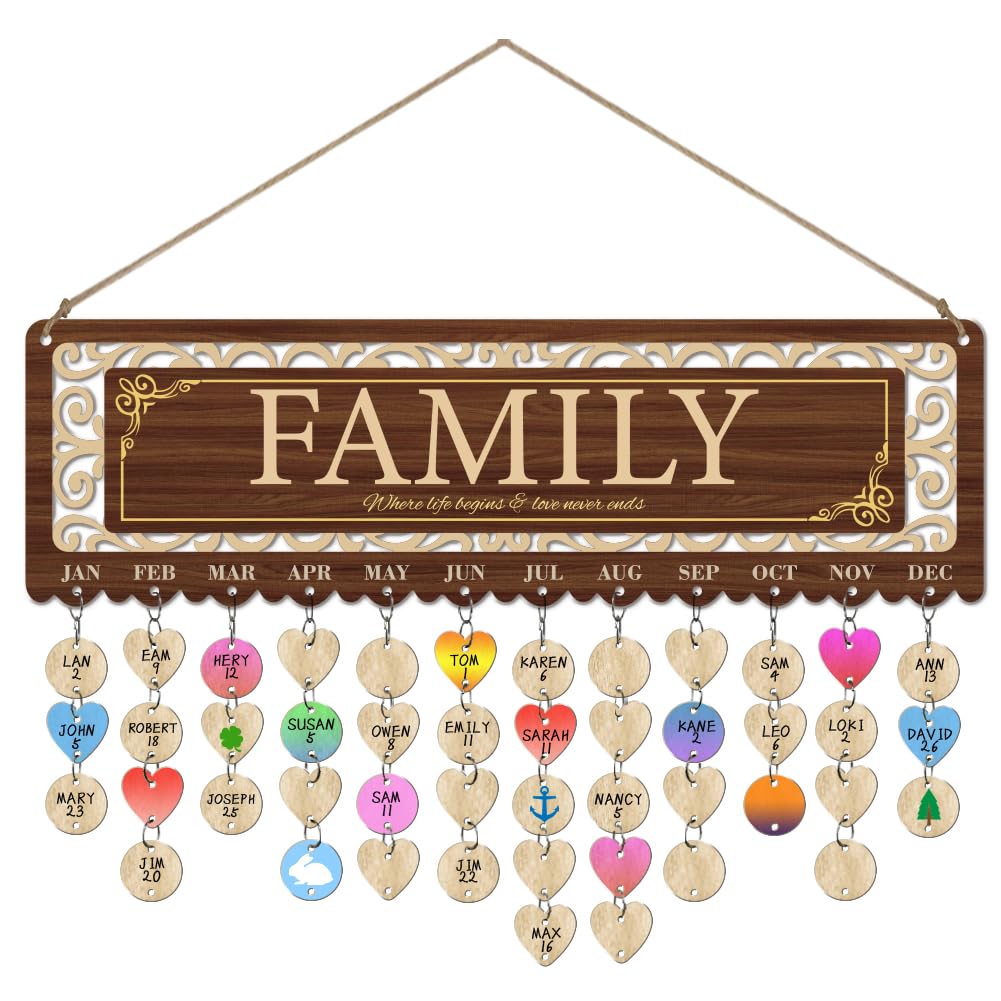 arricraft Wooden Birthday Reminder Calendar, 40x12cm/15.7"x4.7" Family Retro Wood Grain Anniversary Reminder Plaque with 100pcs Tags for DIY Birthday Tracker Family Wall Decor