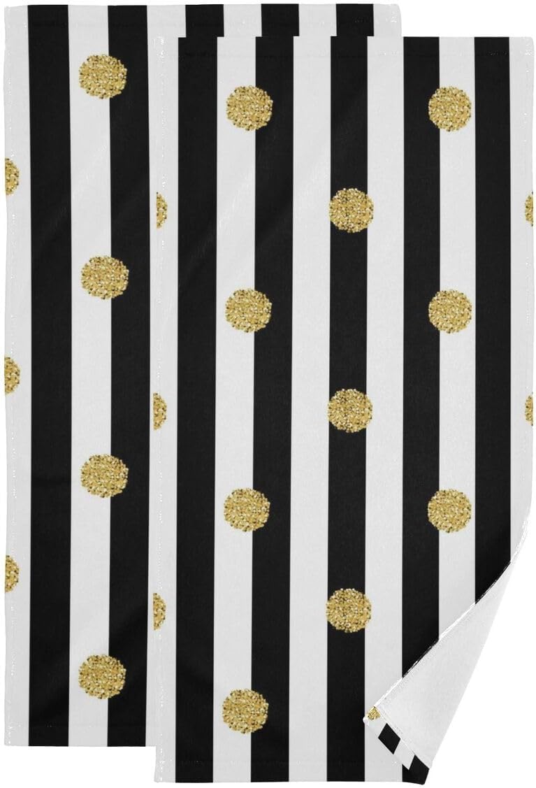 Giwawa Black and White Hand Towel - Classic Black White Striped with Gold Polka Dots Face Towels Modern Simple Bathroom Hand Towels Absorbent Fingertip Towels for Kitchen Gym 14 x 28 Inch, Set of 2