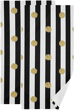 Giwawa Black and White Hand Towel - Classic Black White Striped with Gold Polka Dots Face Towels Modern Simple Bathroom Hand Towels Absorbent Fingertip Towels for Kitchen Gym 14 x 28 Inch, Set of 2