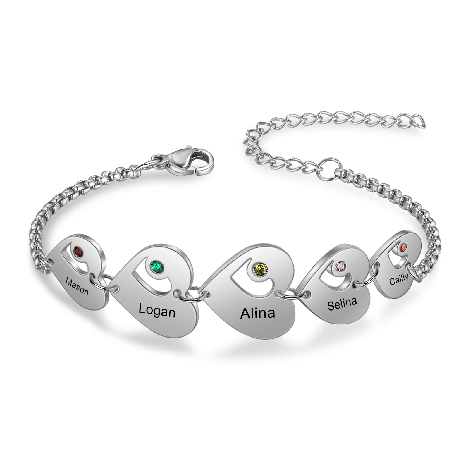 Luxladis Personalized Name Heart Bracelet with 1-6 Birthstones Custom Bracelet for Women Engraved Names Link Bracelets for Mother's Day Mom