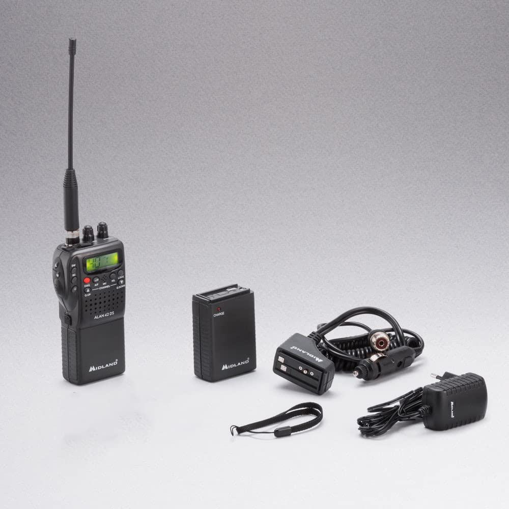 Midland Alan 42 DS Powerbundle CB Radio CB Multi Bande AM/FM et Batterie au Lithium commutable à n'importe Quelle Norme européenne avec Accessoires à 2 Broches, Anti-Bruit numérique, Son Puissant,