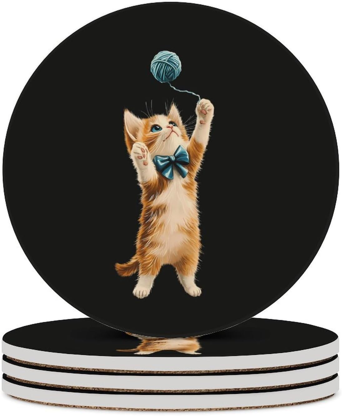Cat Cute Round Ceramic Coasters Print Drinks Absorbent with Cork Base for Home Decor Gifts 4 Inch
