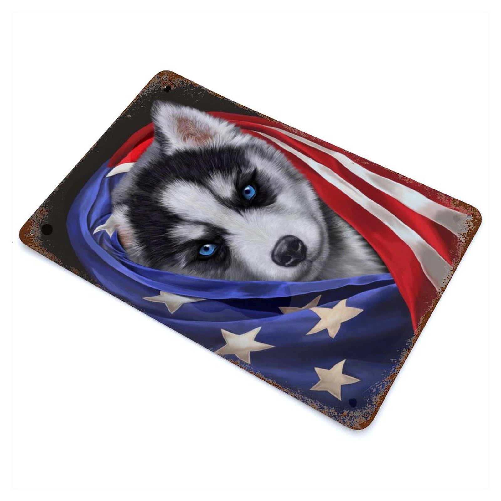 Distressed Metal Wall Sign with Siberian Husky USA Patriot Design 11.8"x7.9", for Living Room, Hallway And Home Decor, Vintage Wall Decor