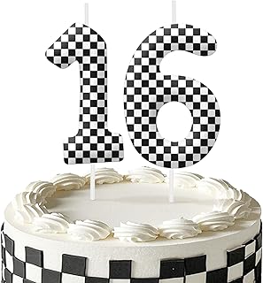 16th Birthday Candles, Black White Checkered Flag Cake Topper for Boys Girls, Number 16 Candle Race Car Themed Birthday Decorations Party Supplies