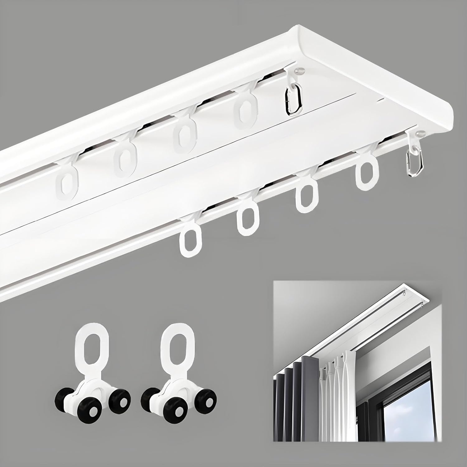 Double Row Curtain Track Silent Ceiling Aluminum Alloy Four Wheel Track Set for Living Room Bedroom Hospital Black 1.4m(4.6ft)