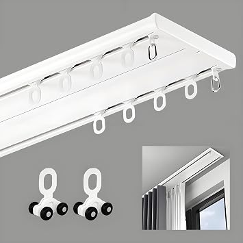 Double Row Curtain Track Silent Ceiling Aluminum Alloy Four Wheel Track Set for Living Room Bedroom Hospital White 1.9m6.2ft