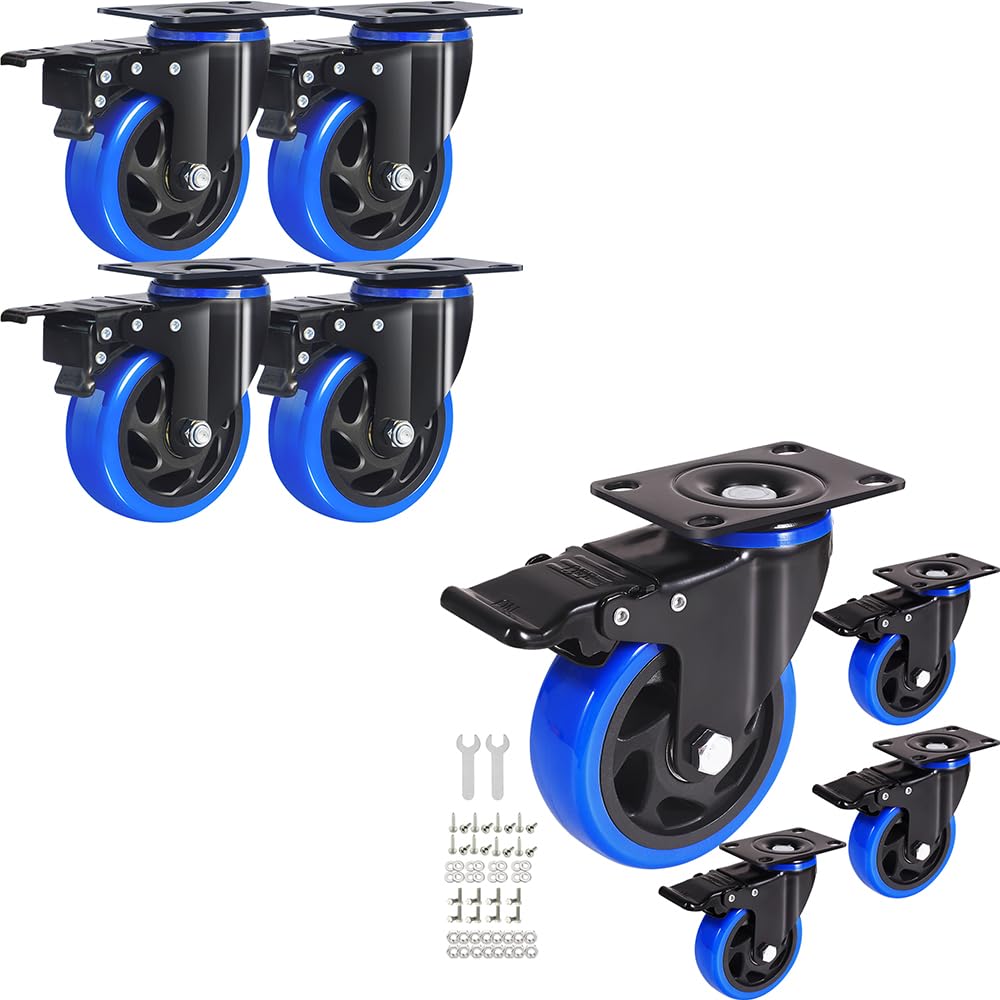 4 Inch Casters Set of 4 Heavy Duty, Load Capacity 2200lbs Per Set (AB Brake+Regular Brake)